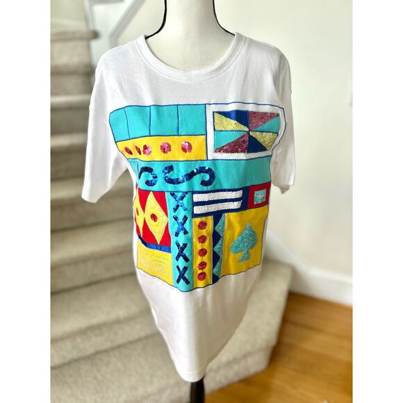 Vintage Marisa Christina Sequined 90s Naval Flag Printed Tee Shirt - Picture 1 of 8